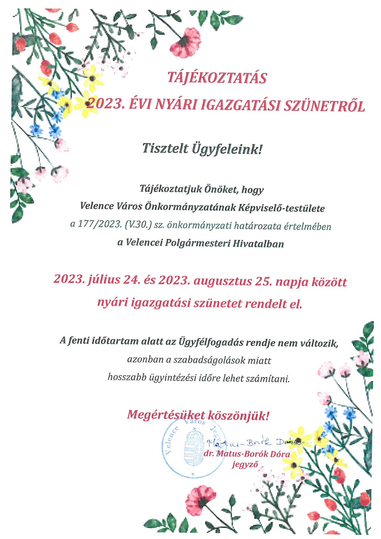 Tájékoztatás_2023. évi nyári igazgatási szünetről